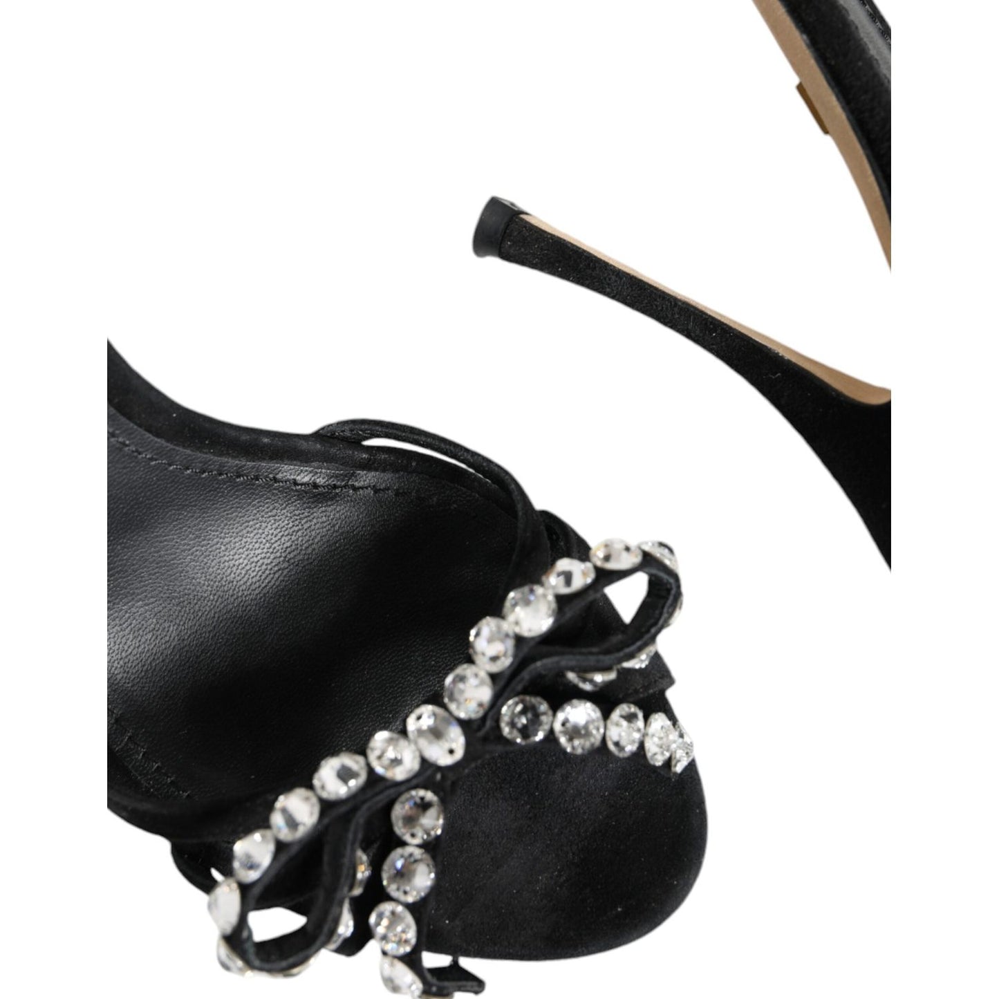 Dolce & Gabbana Black Leather Crystal Bow Heels Sandals Shoes LA11818-38.5
