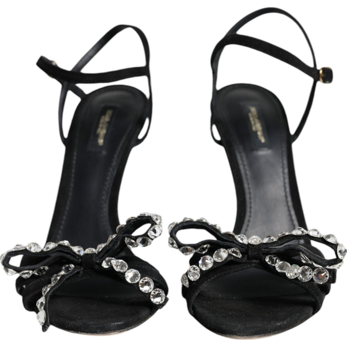 Dolce & Gabbana Black Leather Crystal Bow Heels Sandals Shoes LA11934-38