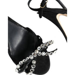 Dolce & Gabbana Black Leather Crystal Bow Heels Sandals Shoes LA11934-38