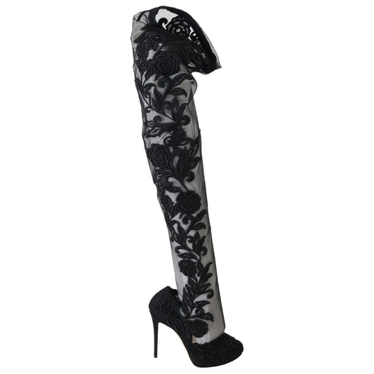 Dolce & Gabbana Black Floral Embroidered Socks Boots