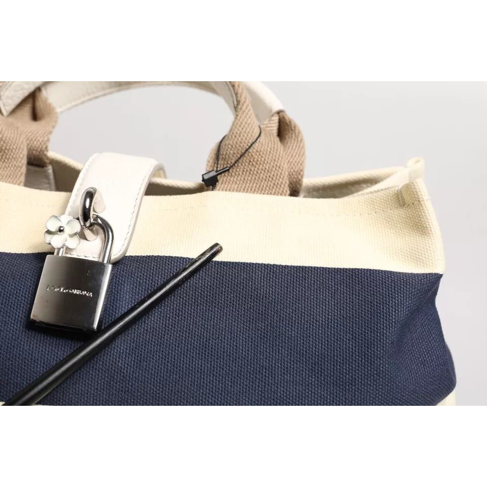 Dolce & Gabbana White Navy Striped Canvas Top Handle Tote Bag BAG4047