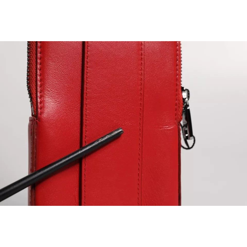Dolce & Gabbana Red Leather Logo Zip Around Card Holder Wide Strap Wallet BAG4197