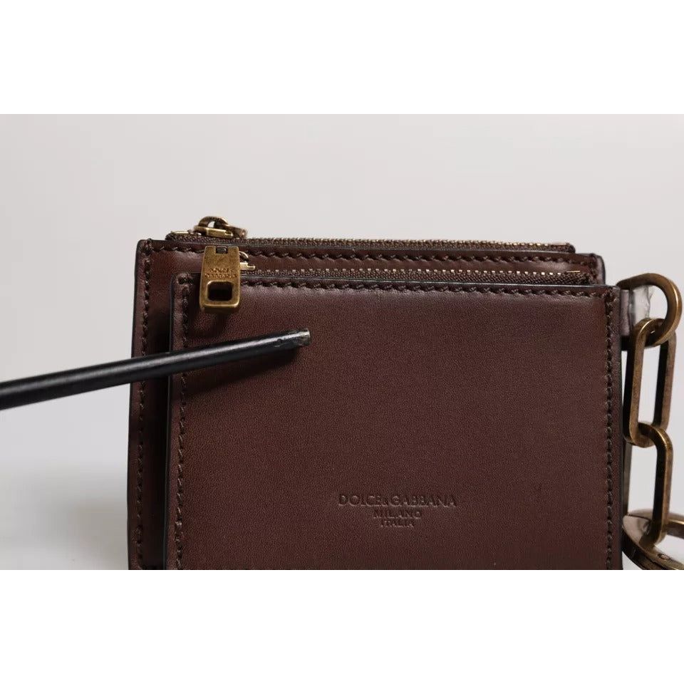 Dolce & Gabbana Brown Leather Zip Logo Keyring Coin Purse Keyring Wallet BAG4244