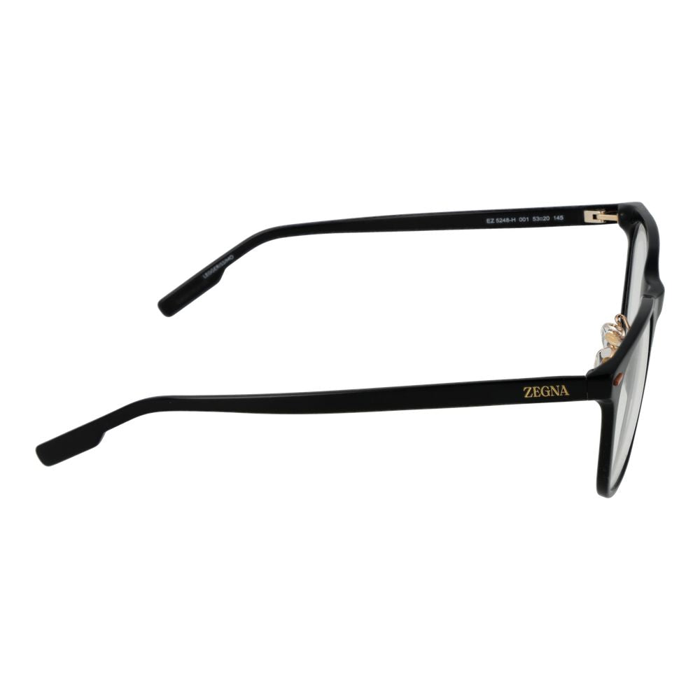 Side view of Ermenegildo Zegna Black Men Glasses Frame, black acetate rectangle shape, full-rim style with demo lenses.