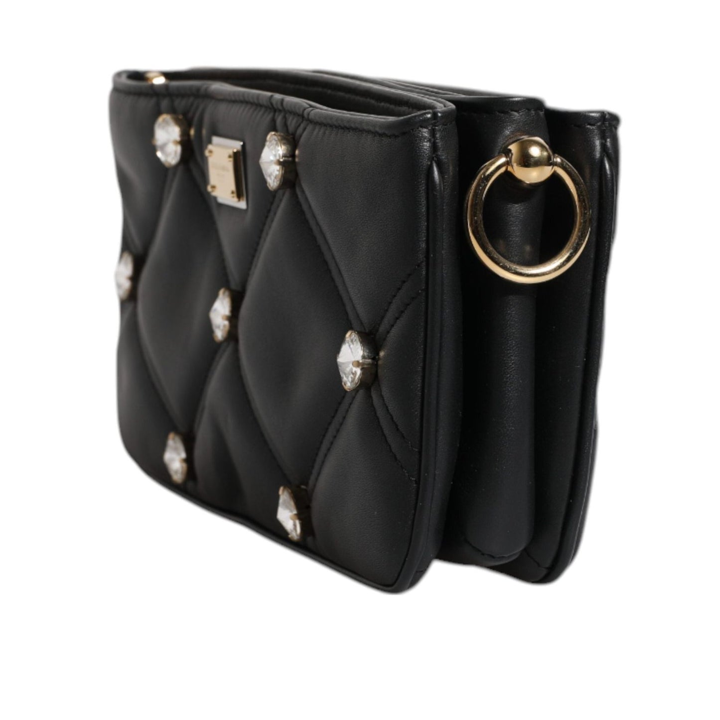 Dolce & Gabbana Black Leather Crystal Embellished Logo Shoulder Bag BAG4015