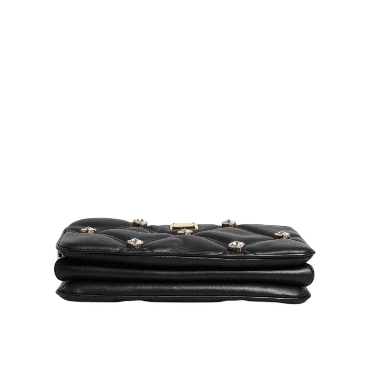 Dolce & Gabbana Black Leather Crystal Embellished Logo Shoulder Bag BAG4015