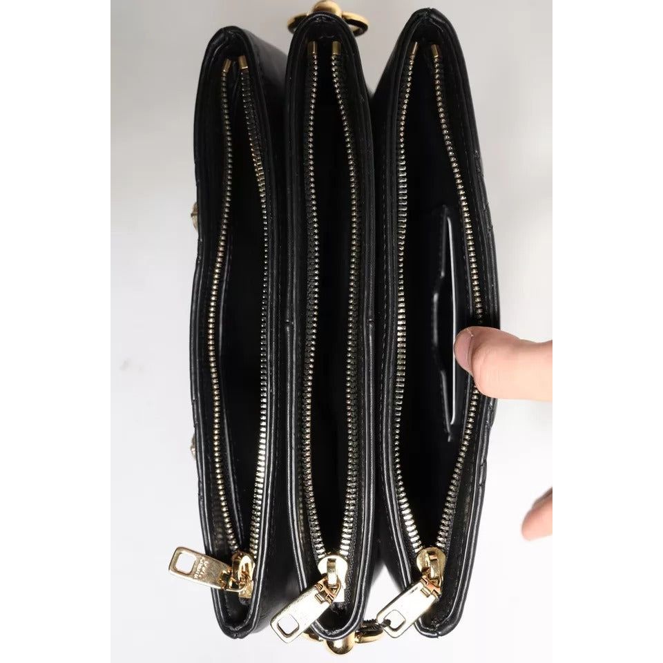 Dolce & Gabbana Black Leather Crystal Embellished Logo Shoulder Bag BAG4015