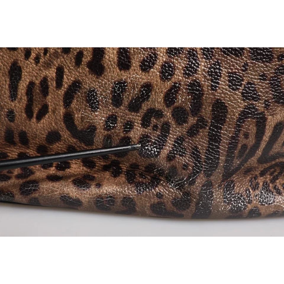 Dolce & Gabbana Brown Black Calfskin Leopard Print Shoulder Tote Bag BAG4077
