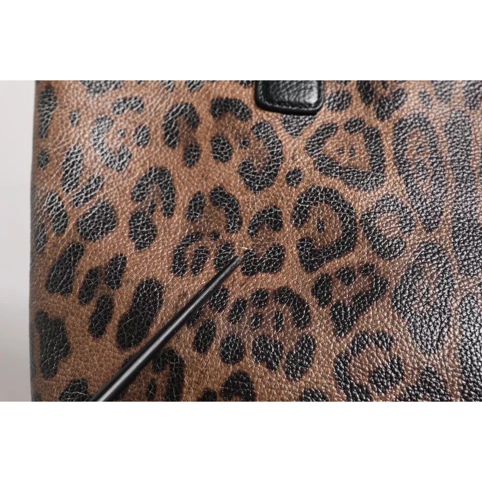 Dolce & Gabbana Brown Black Calfskin Leopard Print Shoulder Tote Bag BAG4077
