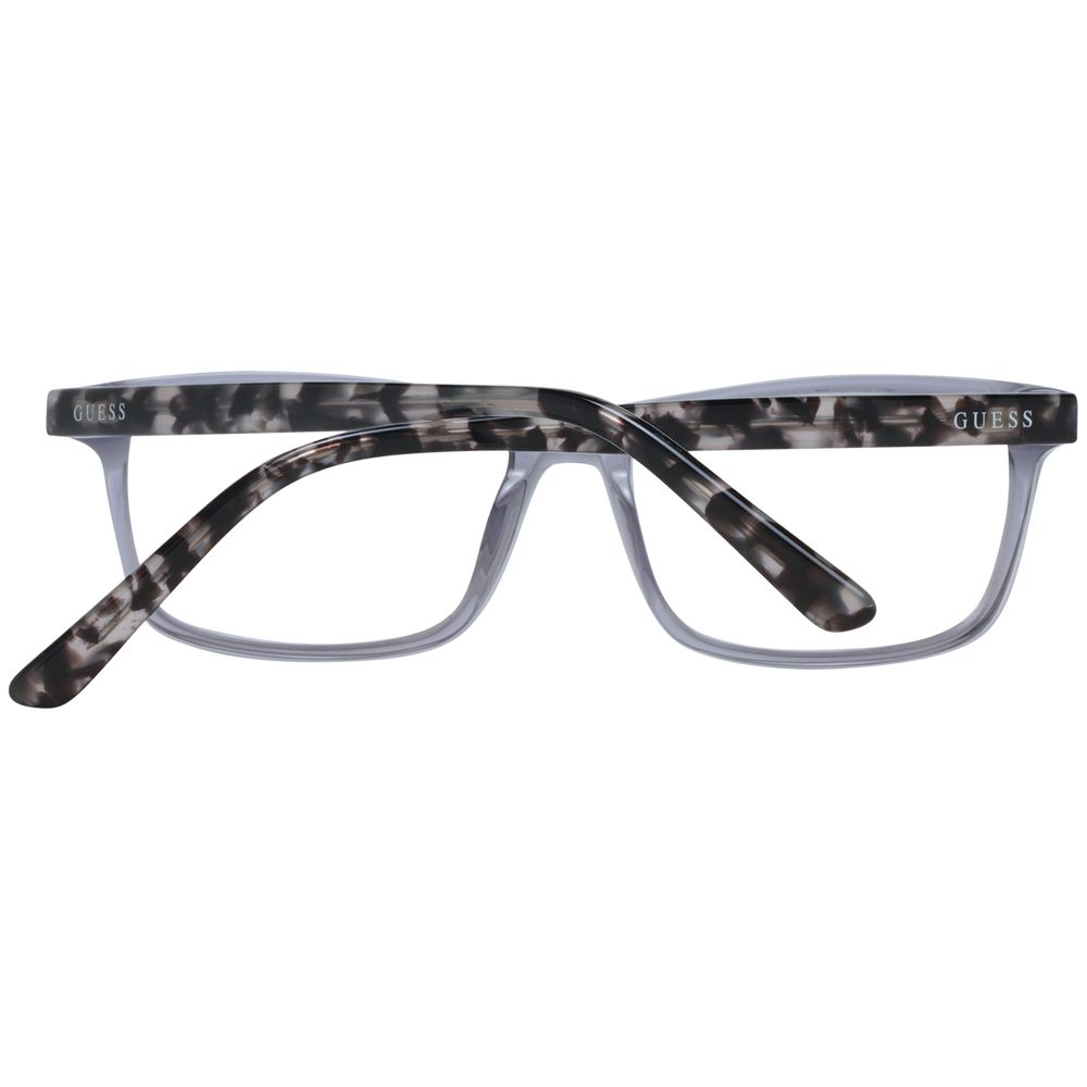 Guess Gray Unisex Glasses Frame with full-rim plastic material and rectangle style, featuring grey color and spring hinges, includes branded case.