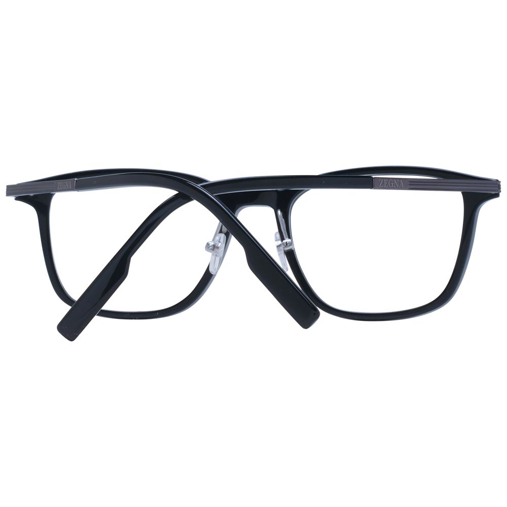 Ermenegildo Zegna Black Men Glasses Frame with plastic and titanium square design, full-rim, size 53-19-145, includes branded case.