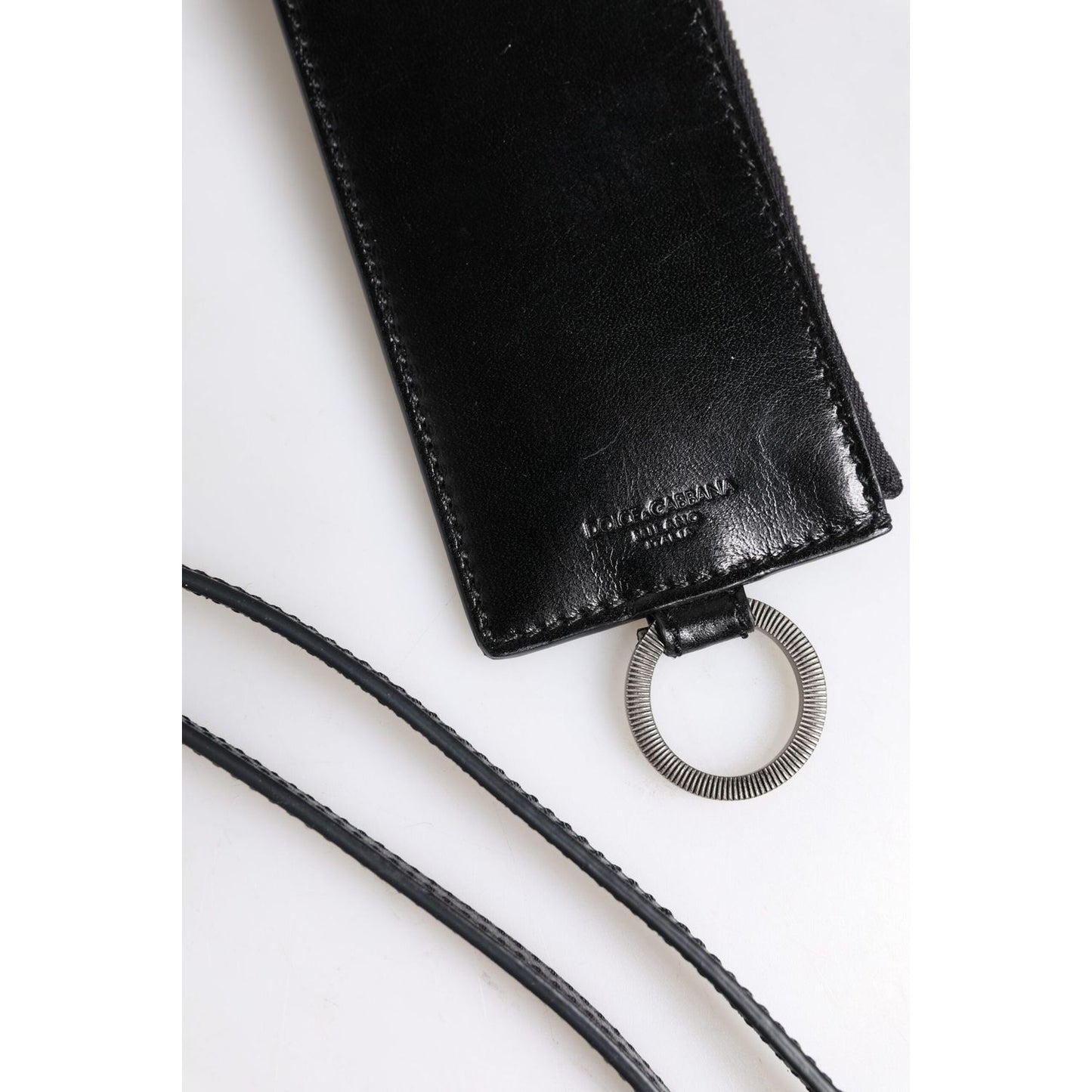 Dolce & Gabbana Black Leather Logo Embossed Lanyard Card Holder Wallet BAG4272