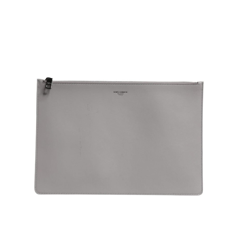 Dolce & Gabbana Gray Solid Leather DG Logo Men Clutch Zip Pouch Bag BAG4281
