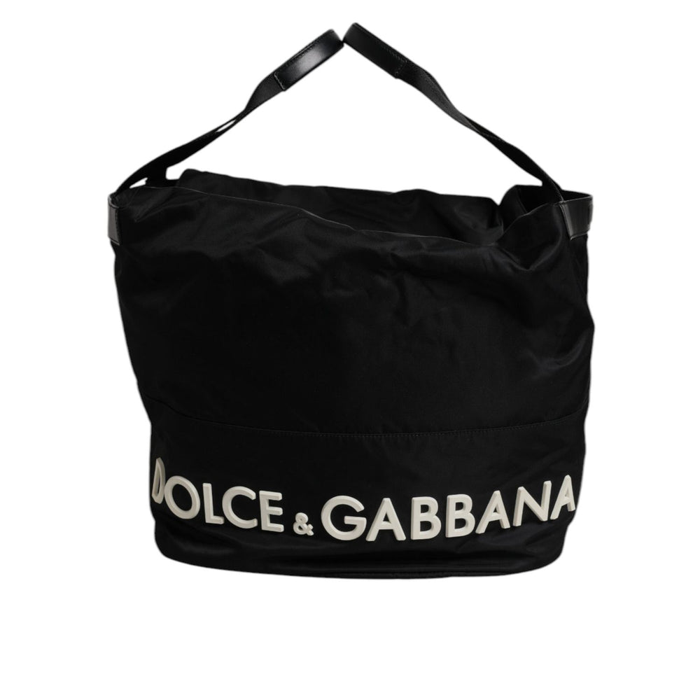 Dolce & Gabbana Black Nylon White Iconic Logo Shoulder Bucket Bag BAG4378