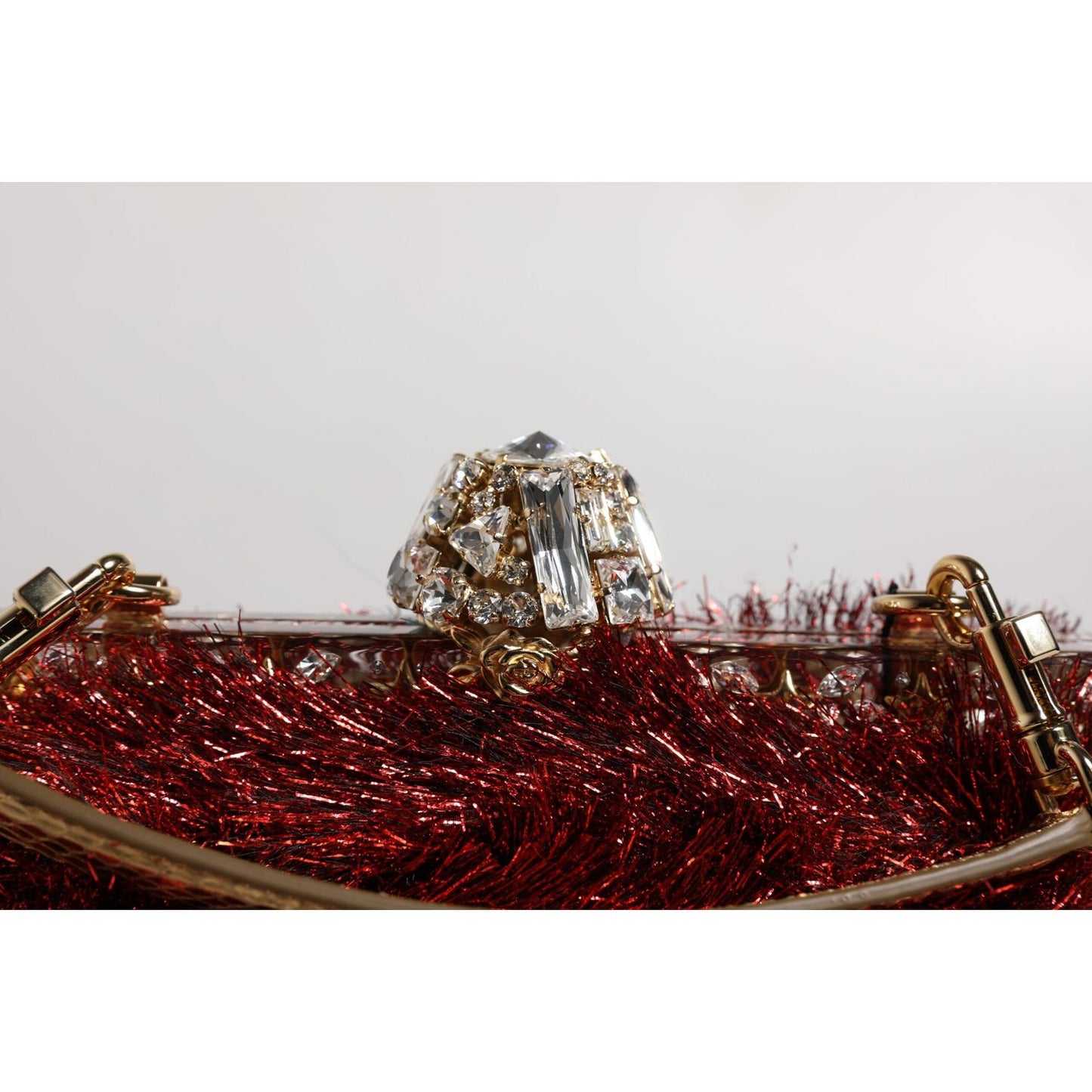 Dolce & Gabbana Red Gold Chain VANDA Tinsel Crystals Evening Clutch Bag BAG4375