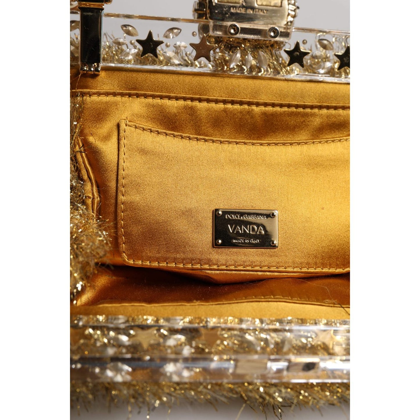 Dolce & Gabbana Gold Vanda Chain Strap Tinsel Crystal Evening Clutch Bag BAG4383