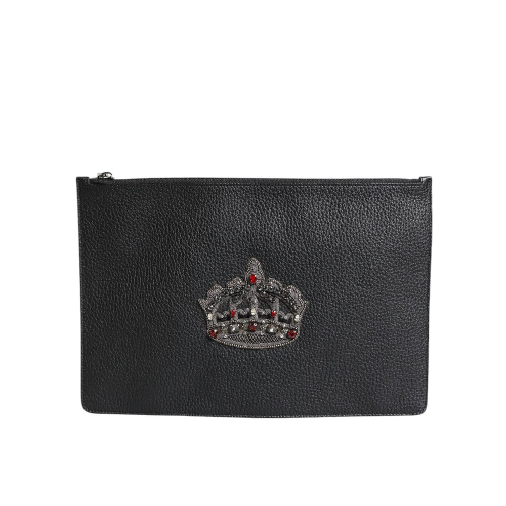 Dolce & Gabbana Black Calfskin Crown Embellished Clutch Pouch Bag BAG4616