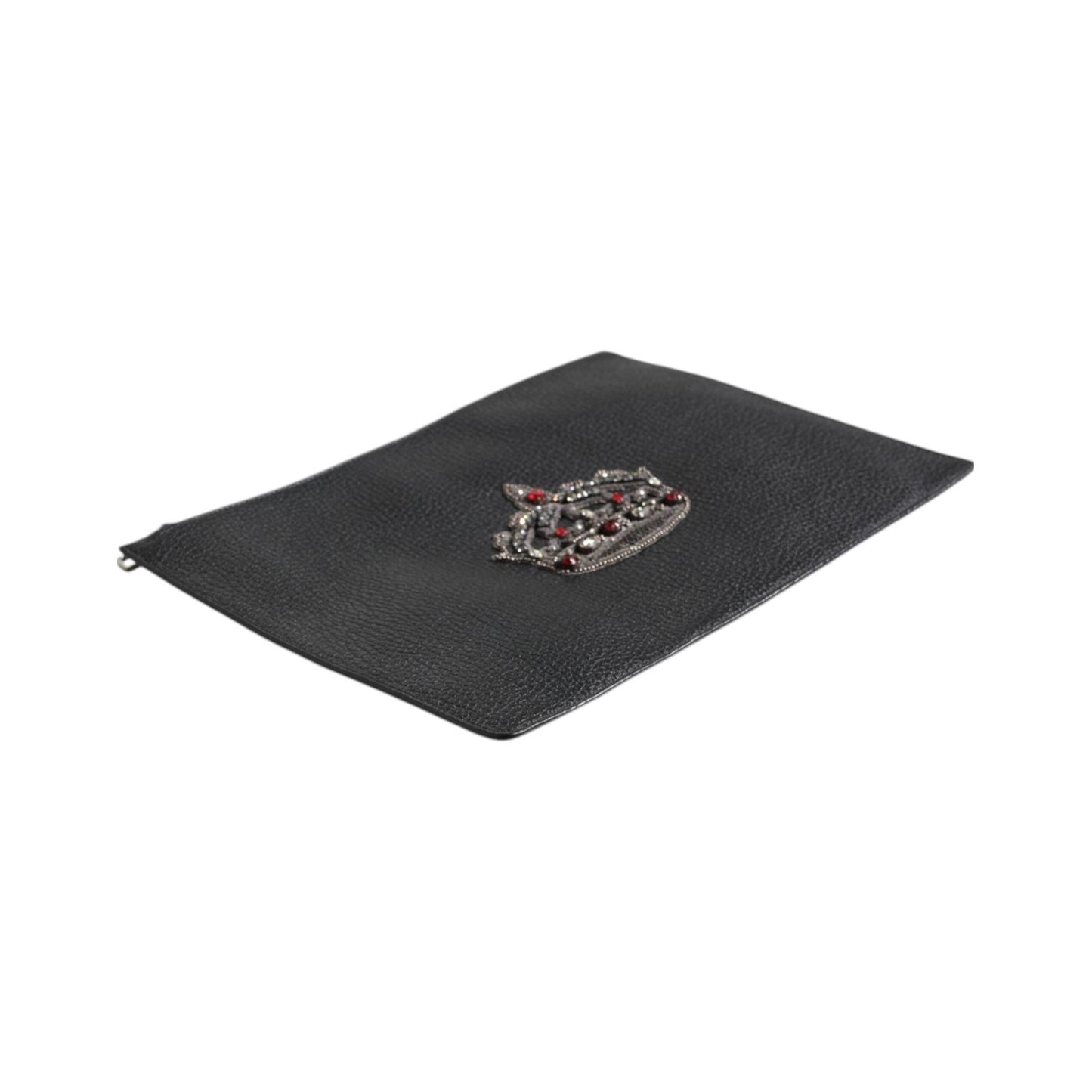 Dolce & Gabbana Black Calfskin Crown Embellished Clutch Pouch Bag BAG4616