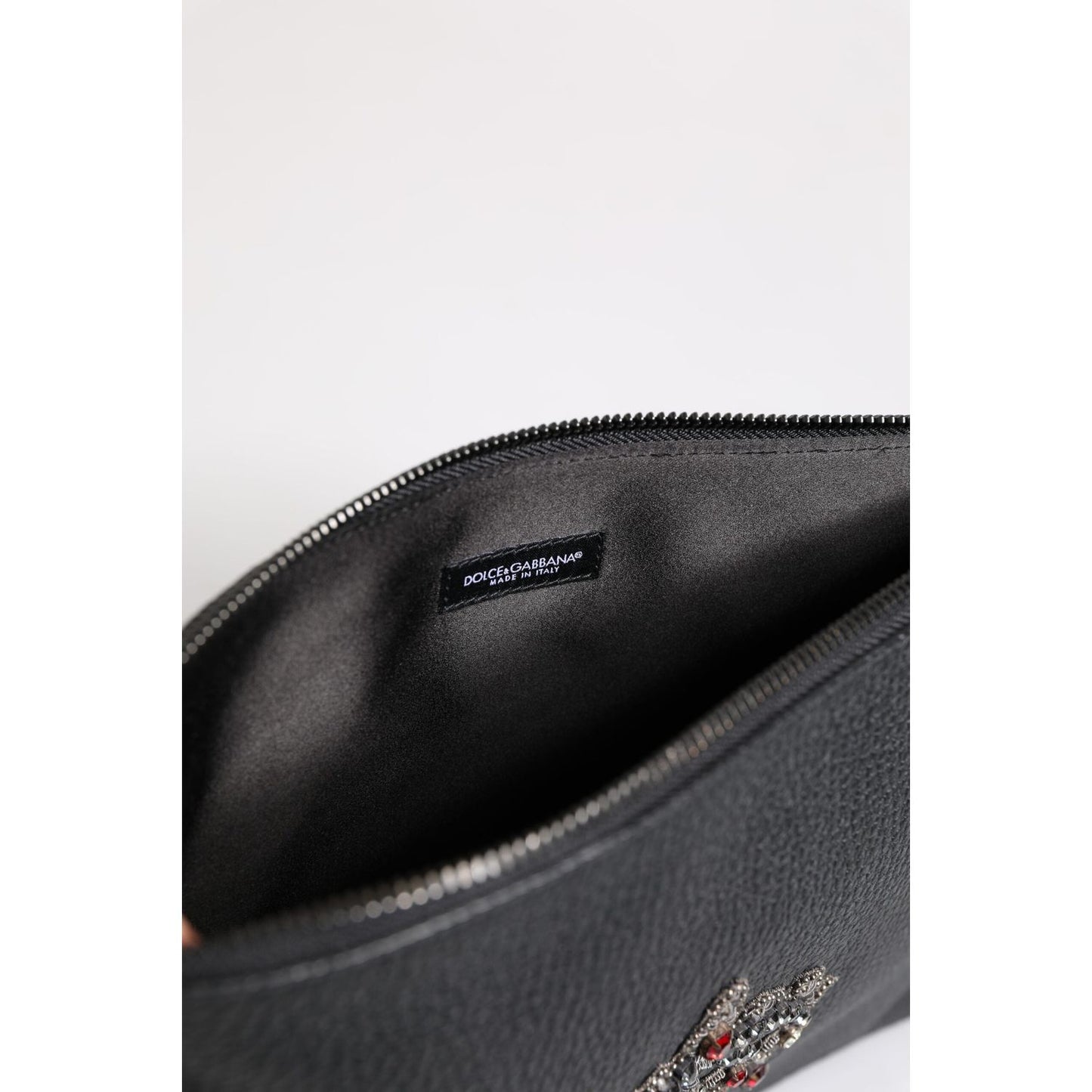 Dolce & Gabbana Black Calfskin Crown Embellished Clutch Pouch Bag BAG4616