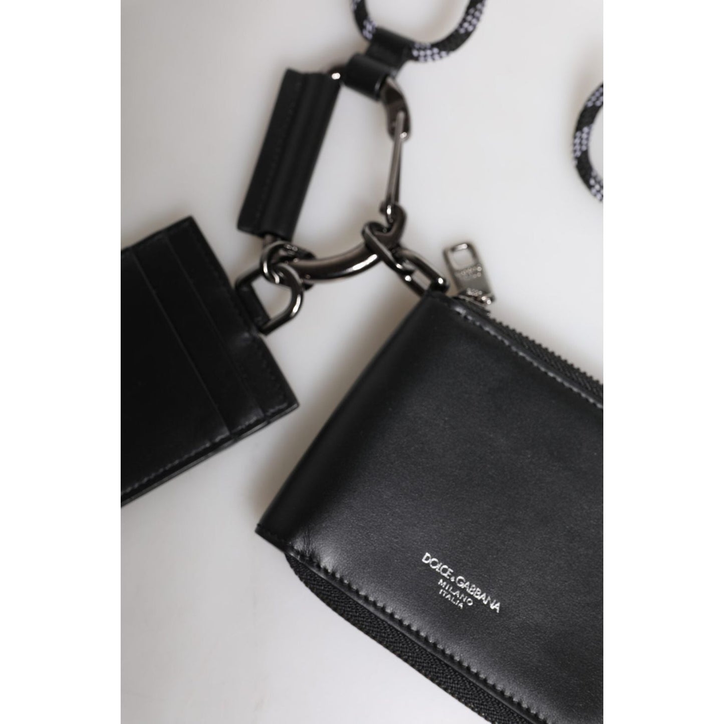 Dolce & Gabbana Black Leather Lanyard Zip Around Card Holder Wallet BAG4625