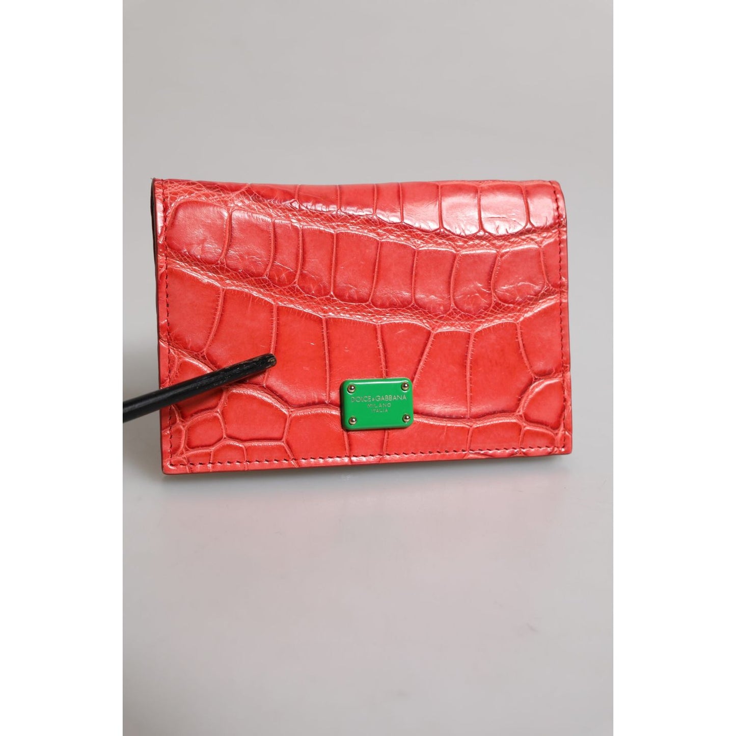 Dolce & Gabbana Red Exotic Leather Logo Plaque Card Holder Wallet BAG4578
