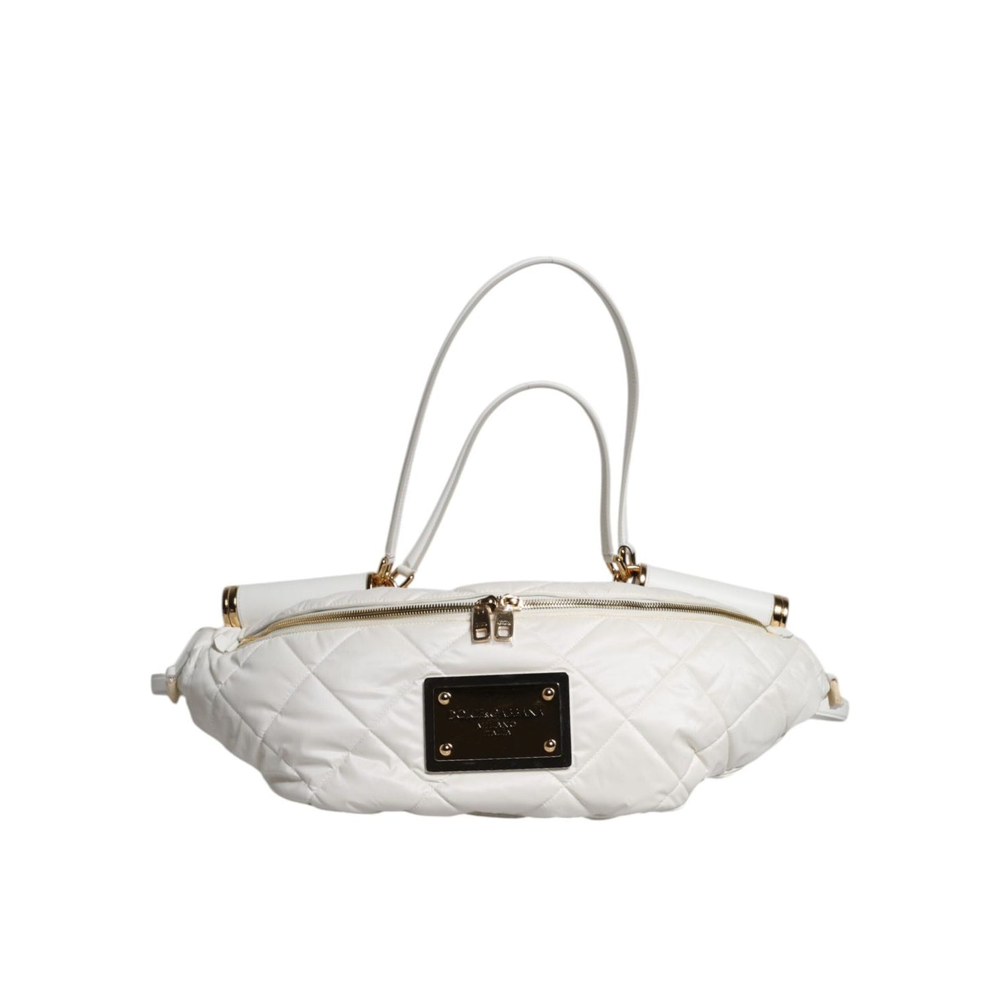 Dolce & Gabbana White Quilted Logo Plaque Belt Waist Fanny Pack Bag BAG4629