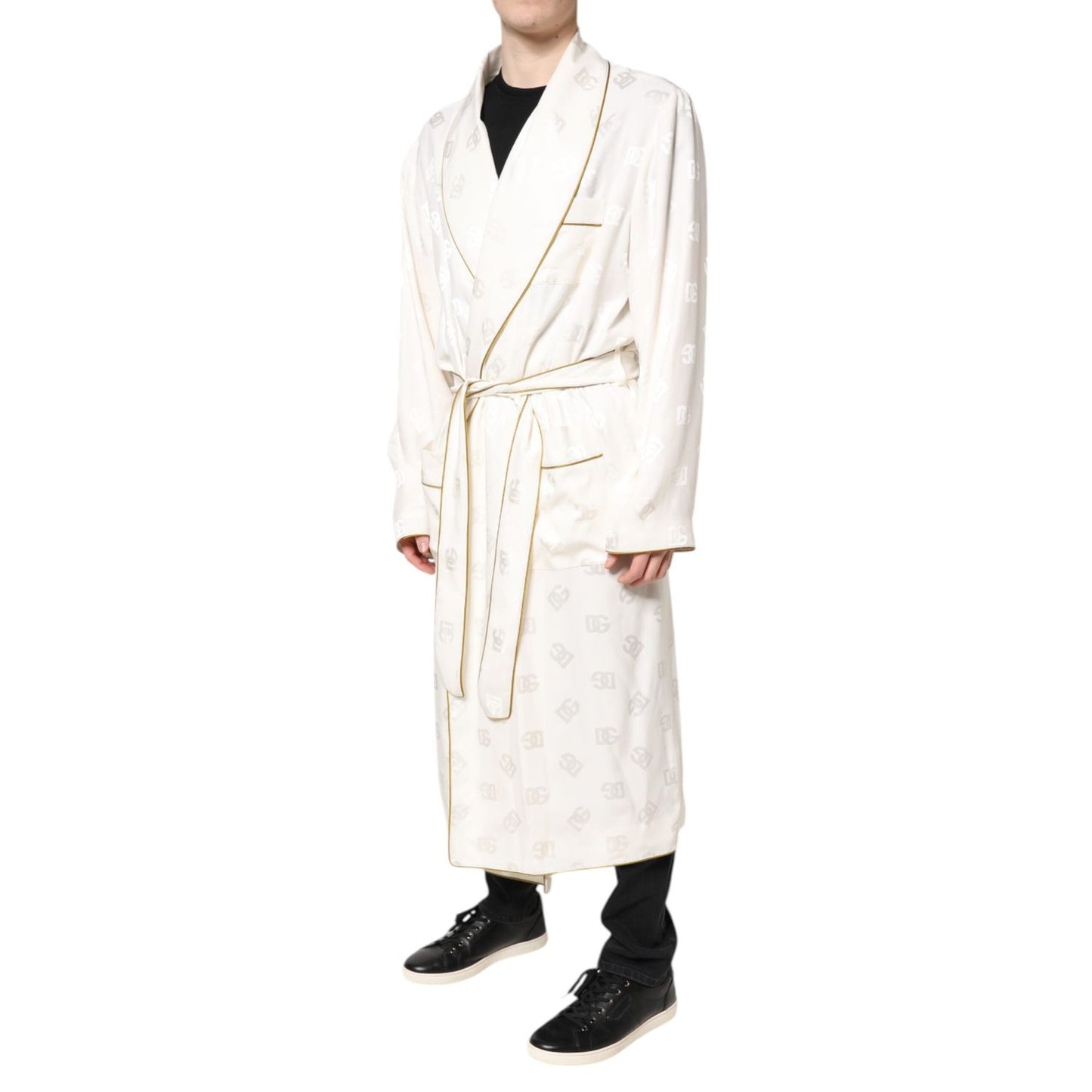 Dolce & Gabbana Ivory Silk Logo Men Wrap Robe Coat Jacket JKT41426-52