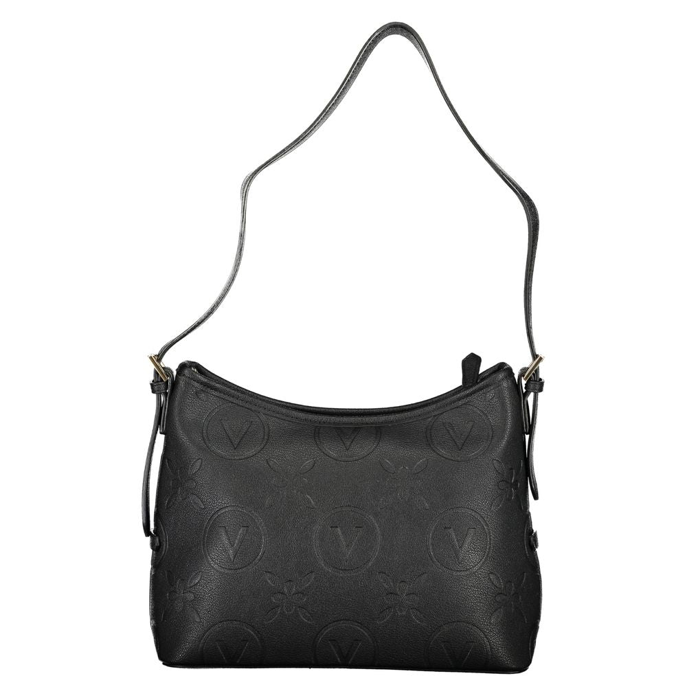 Mario Valentino Black Polyethylene Handbag with adjustable shoulder strap, zip closure, logo, and contrasting details.