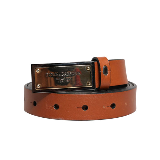 Dolce & Gabbana Brown Leather Gold Rectangle Buckle Belt