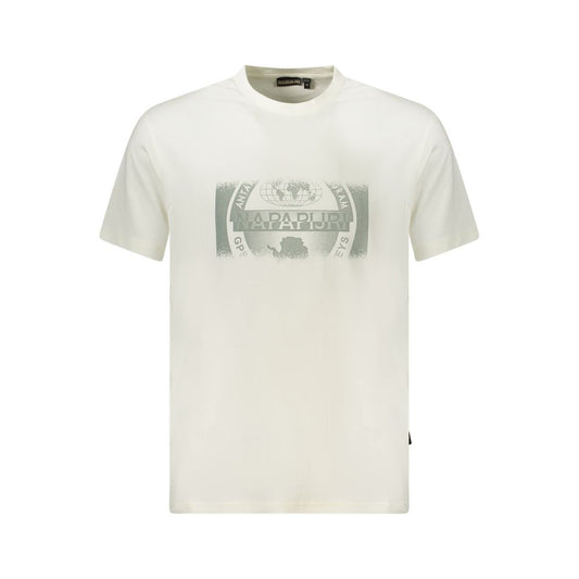Napapijri White Cotton Men T-Shirt with bold print and iconic logo, eco-friendly fashion statement.
