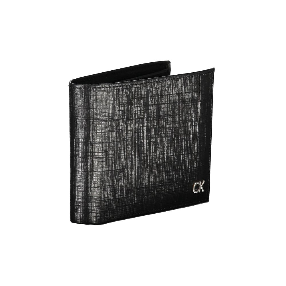 Calvin Klein Black Leather Wallet with RFID blocking, coin purse, card compartments, and logo detail.