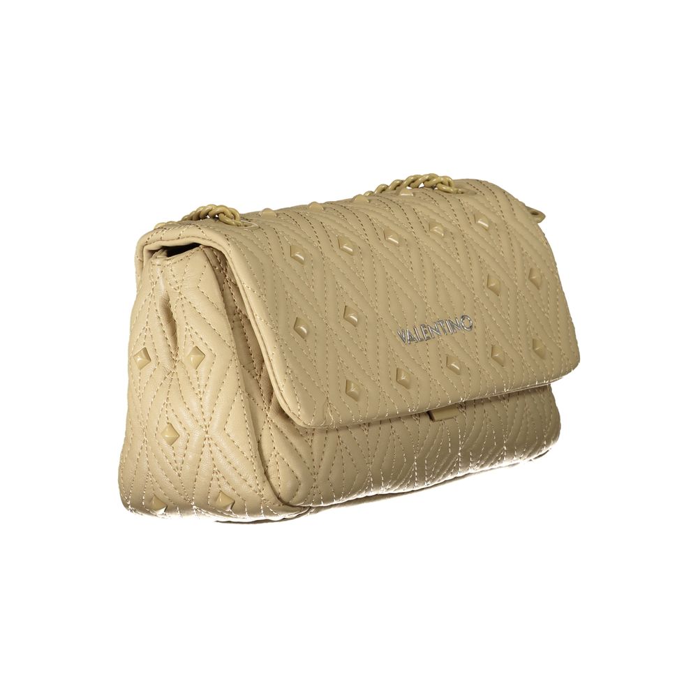 Mario Valentino Beige Polyester Handbag with chain shoulder strap, zip and clip closure, two internal pockets, and contrasting details.