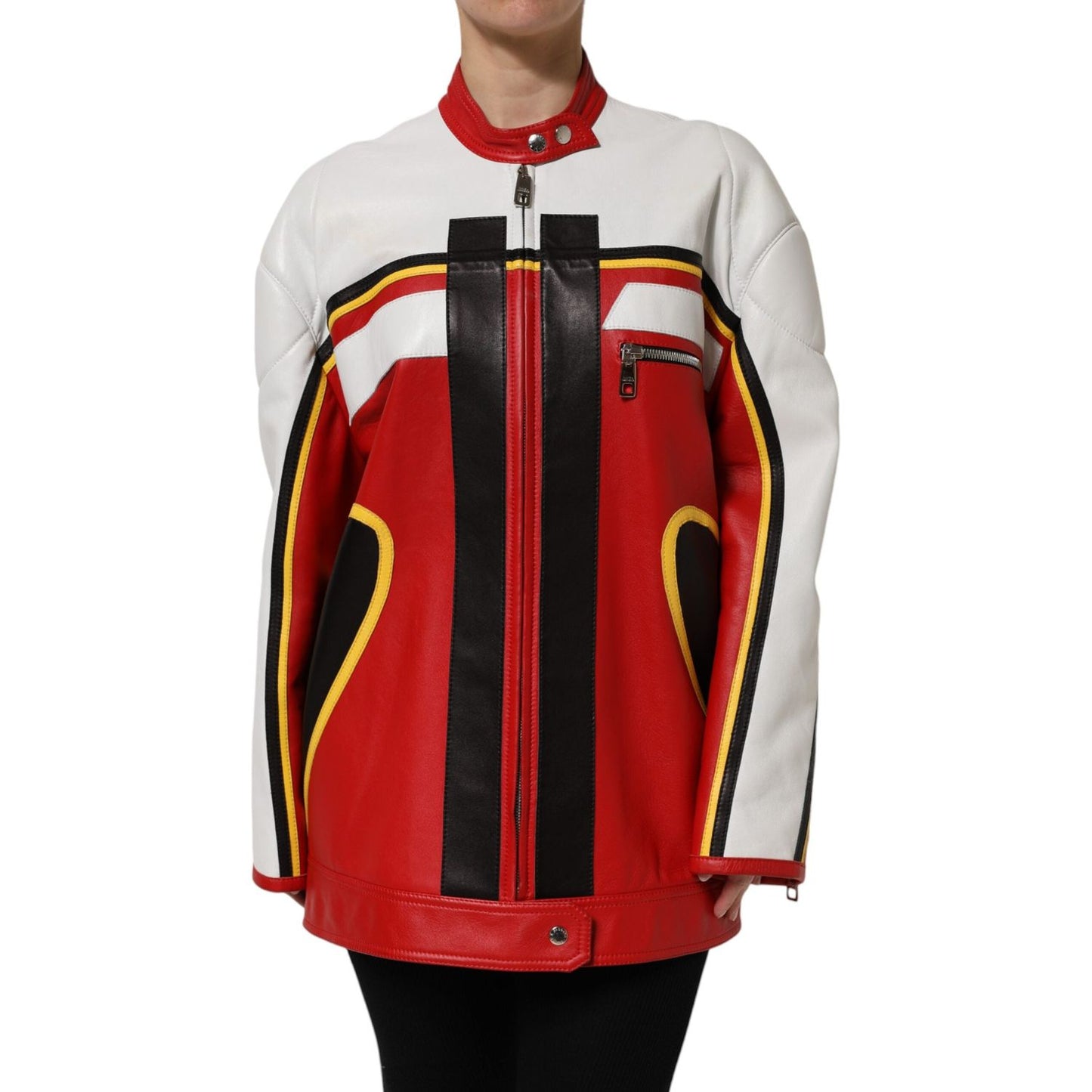 Dolce & Gabbana Multicolor Leather Biker Full Zip Coat Jacket JKT41463-40