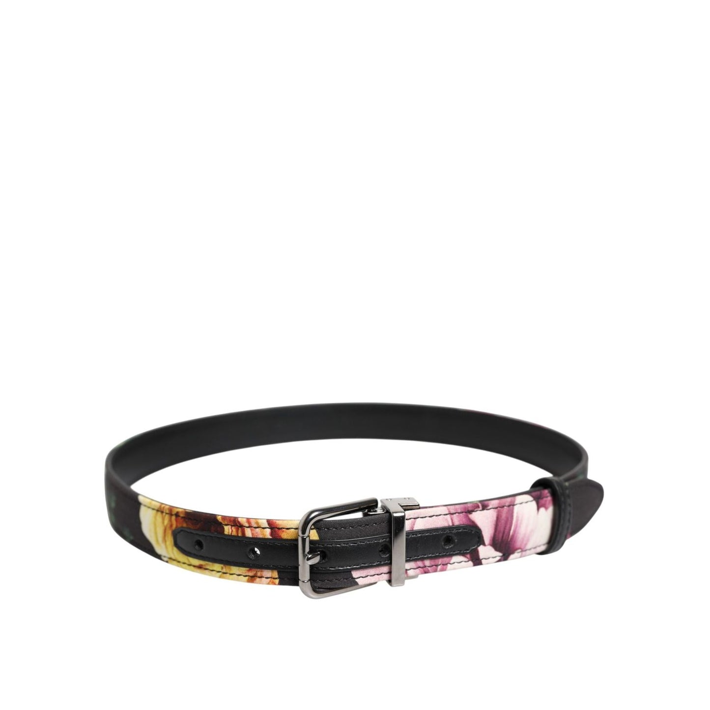 Dolce & Gabbana Black Floral Brocade Silver Metal Buckle Belt