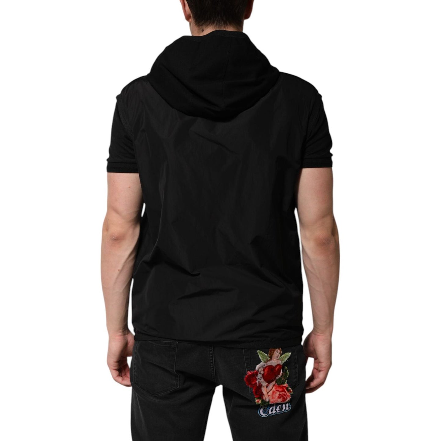 Dolce & Gabbana Black Sleeveless Hooded Logo Plaque Jacket JKT41508-56