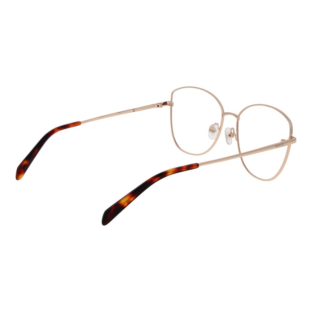 Emilio Pucci Rose Gold Women Glasses Frame in metal full-rim butterfly style with demo lenses. Size: 55-16-140, rose gold color.