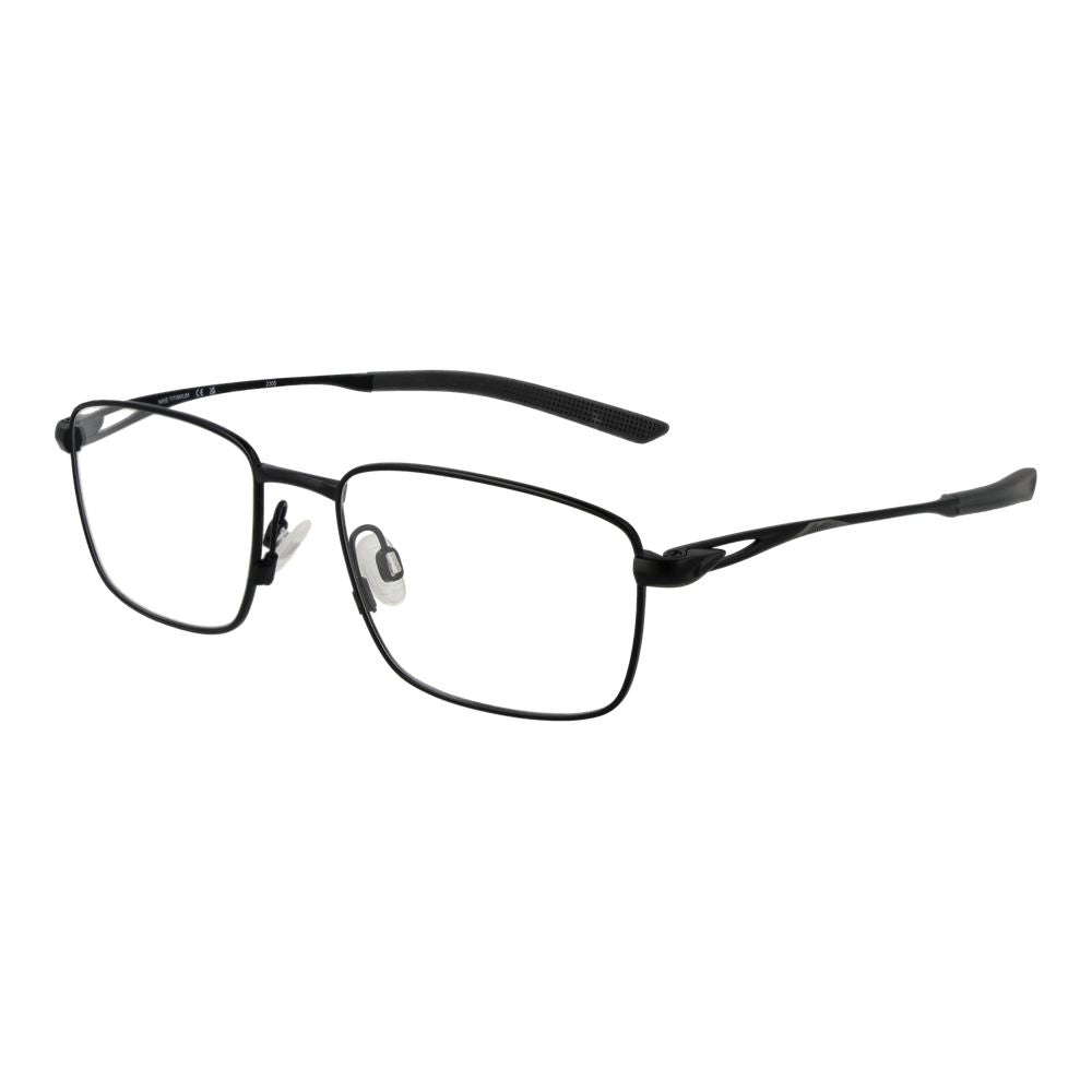 Nike Black Men Glasses Frame, full-rim titanium rectangle design, demo plastic lenses, size 53-17-145, includes branded case.