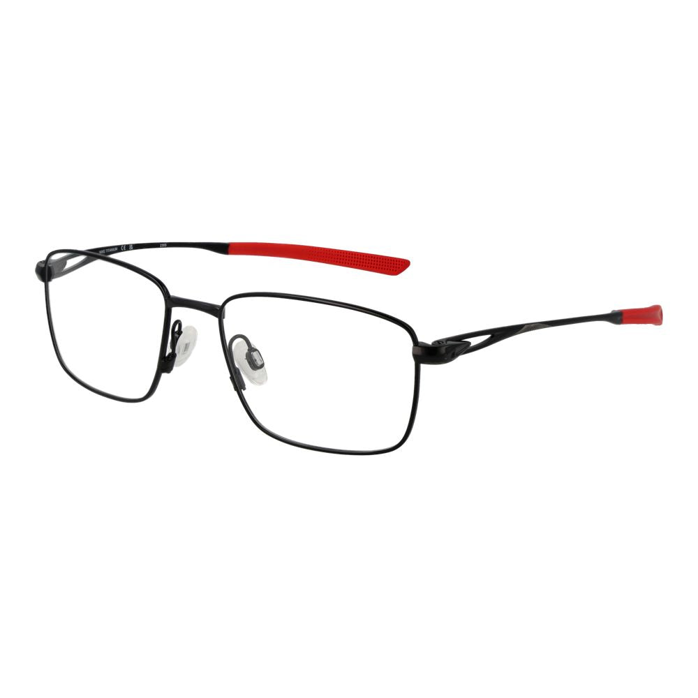 Nike Black Men Glasses Frame, black titanium full-rim with demo plastic lenses, rectangle style, size 53-17-145, includes branded case.