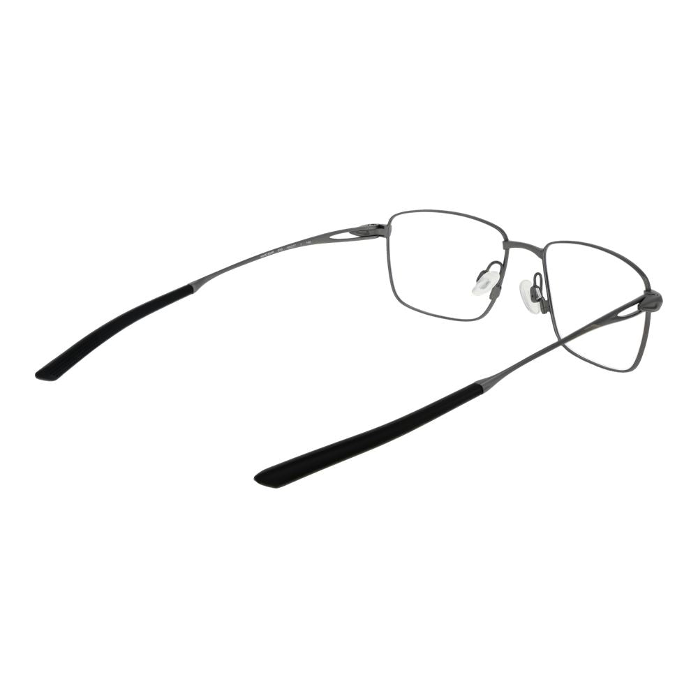 Nike Black Men Glasses Frame in grey titanium, full-rim style, rectangle shape, with demo plastic lenses and black temples.
