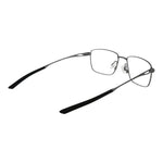 Nike Black Men Glasses Frame in grey titanium, full-rim style, rectangle shape, with demo plastic lenses and black temples.