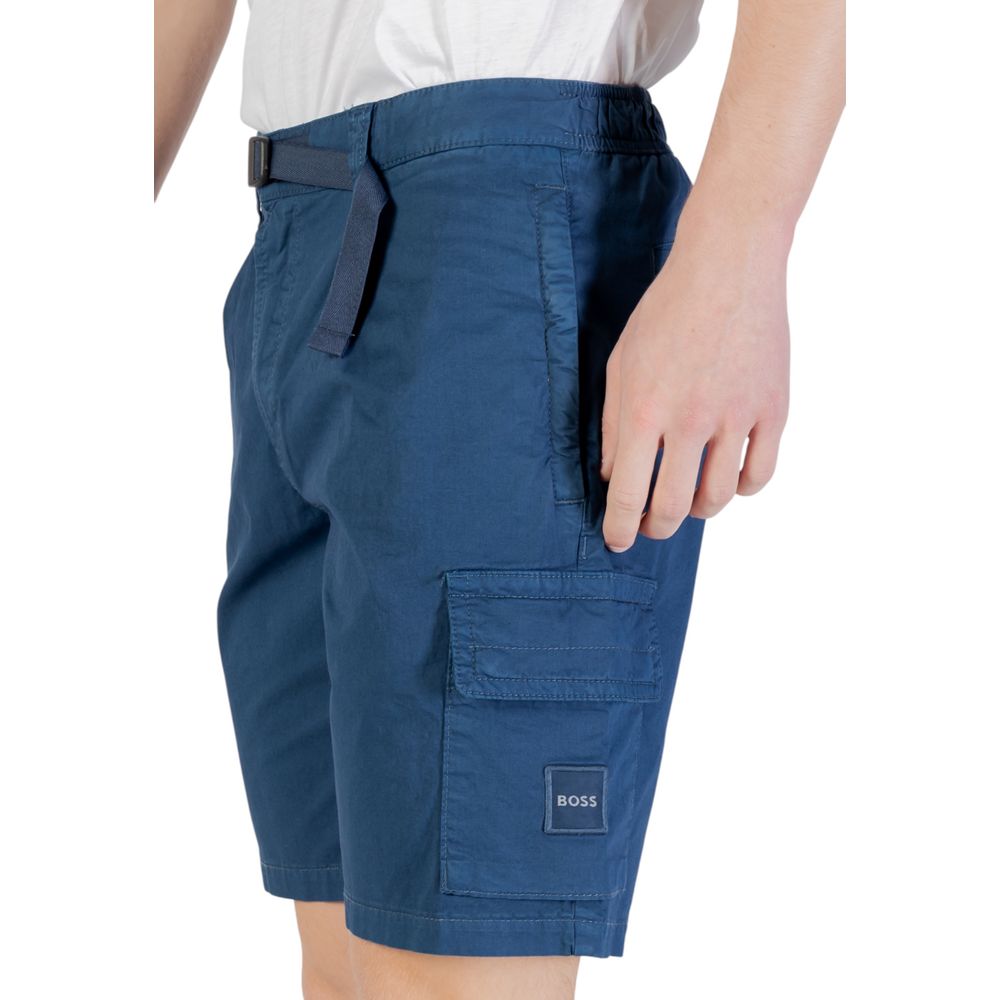 Hugo Boss Blue Cotton Bermuda Shorts for men, comfortable summer wear with versatile design and practical side pockets.