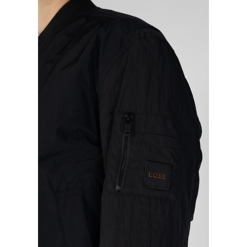 Close-up of Hugo Boss Black Polyamide Bomber showcasing sleeve design and zip detail.