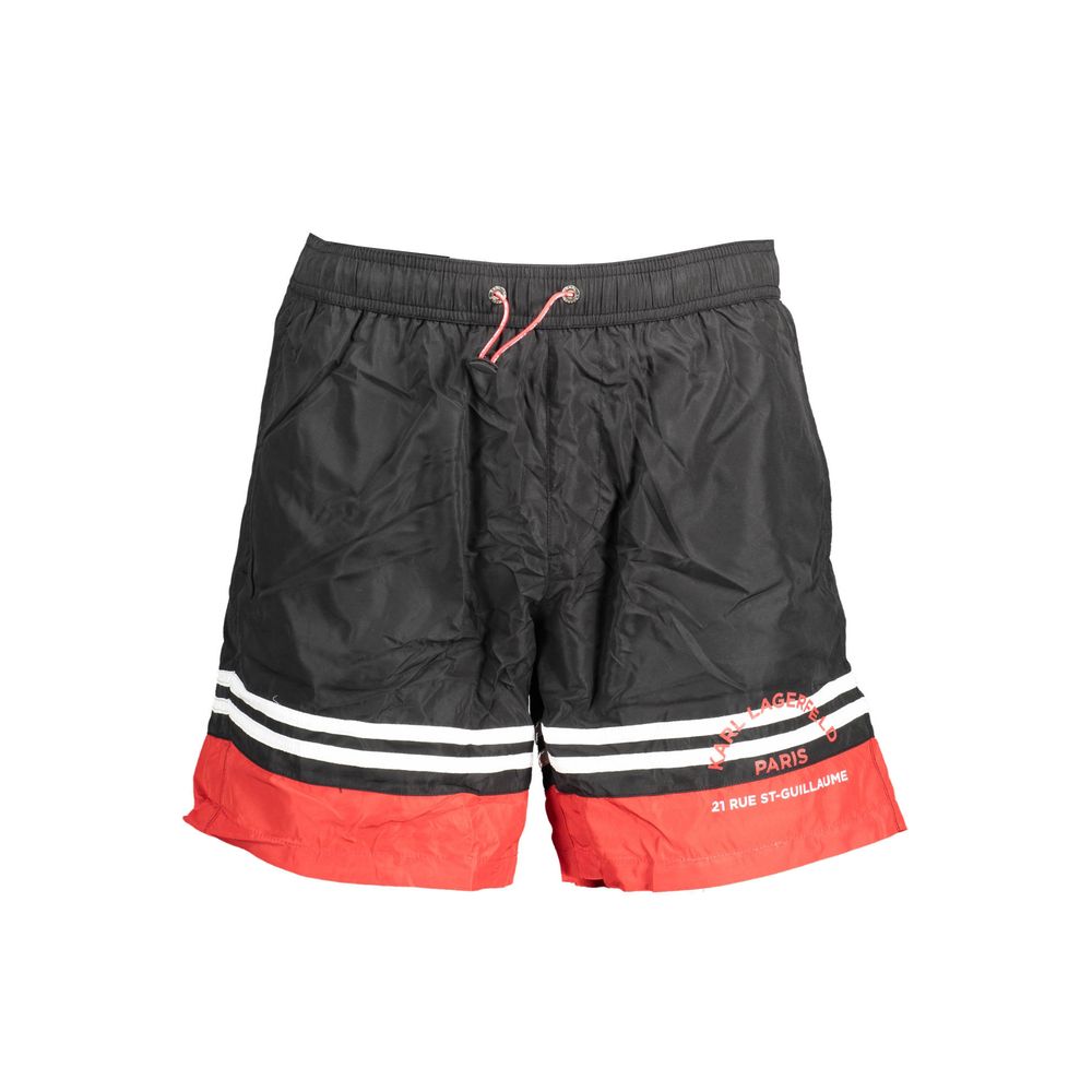 Karl Lagerfeld Black Polyester Swimwear featuring a short swim boxer design with elastic waist, laces, and contrasting details.