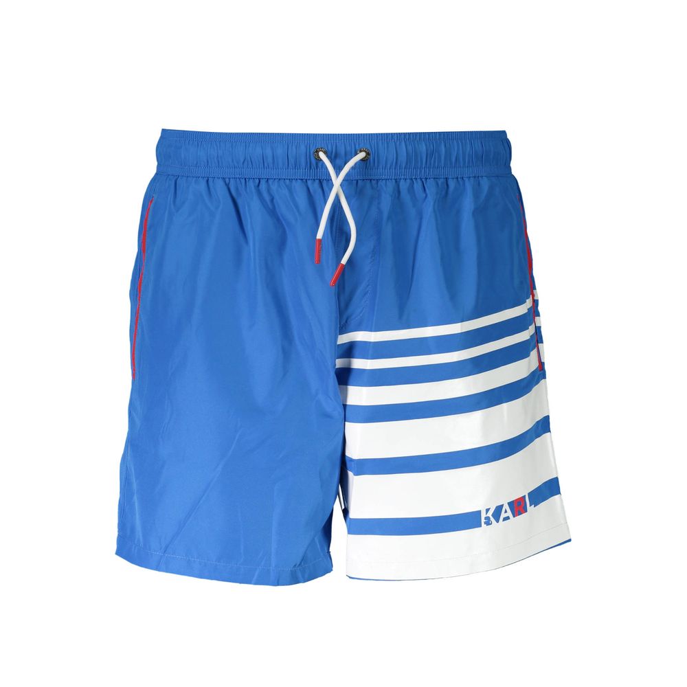 Karl Lagerfeld Blue Polyester Swimwear, medium beach boxer with pockets and logo print, featuring laces and interior briefs.
