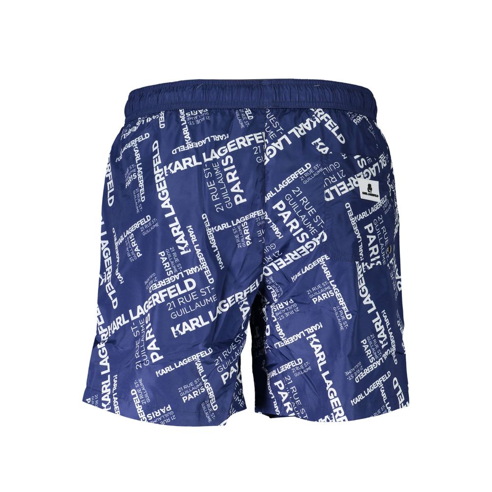 Karl Lagerfeld Blue Polyester Swimwear featuring medium swim boxer design with 2 pockets, 1 back pocket, inside slip, and logo print.