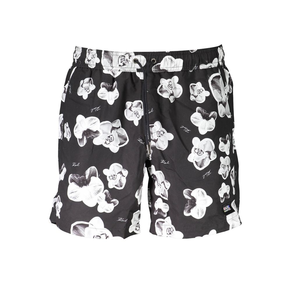 Karl Lagerfeld Black Polyester Swimwear medium swim boxer with floral design, 2 pockets, back pocket, laces, and logo.