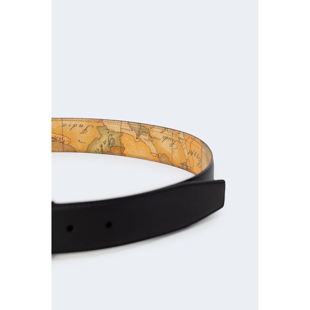 Alviero Martini Prima Classe Black Leather Regular Belt with map design interior, elegant and versatile accessory for any occasion.