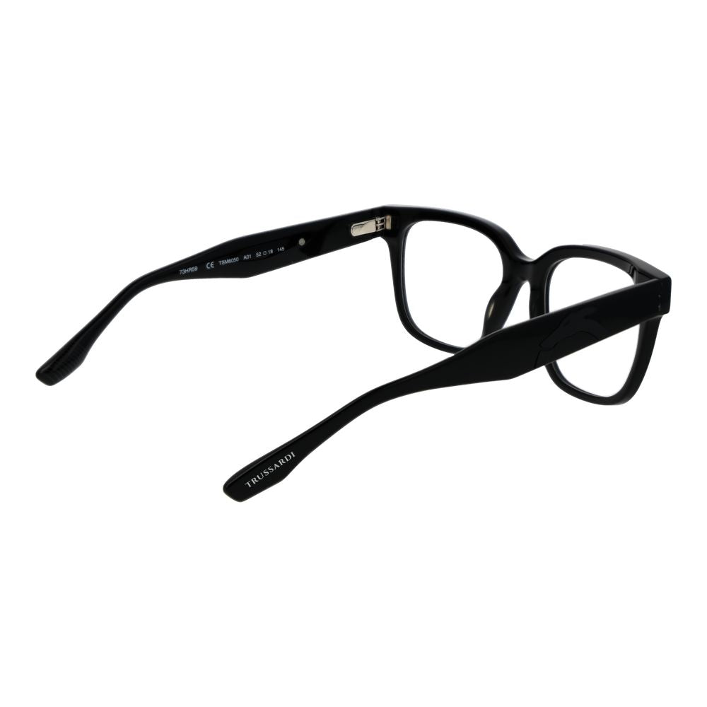 Trussardi Black Acetate Glasses (Frames) for men, featuring black full-rim square style with a spring hinge and branded temples.