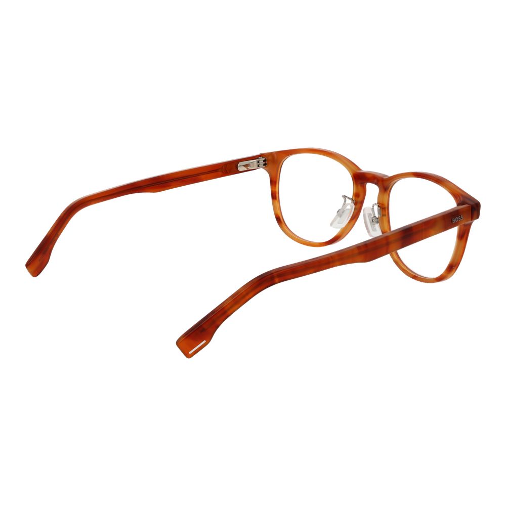Hugo Boss Brown Acetate Glasses (Frames) Panto style full-rim for men, demo lenses, spring hinge, includes branded case.