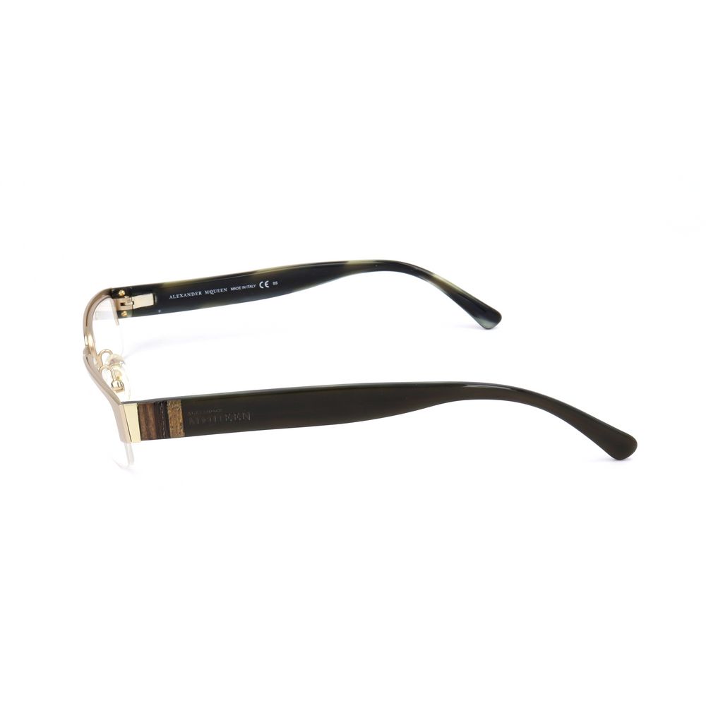 Alexander McQueen Gold Metal Glasses (Frames) side view showing black and gold temples and metal details, unisex model AMQ4159R2E.